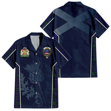 Weir Tartan Short Sleeve Button Up Shirt with Family Crest and Scottish Thistle Vibes Sport Style