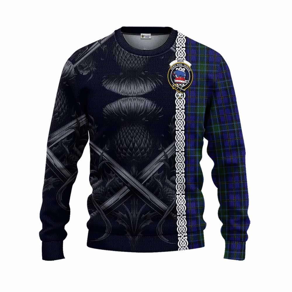 Tartan Vibes Clothing Weir Tartan Knitted Sweater with Family Crest Cross Sword Thistle Celtic Vibes