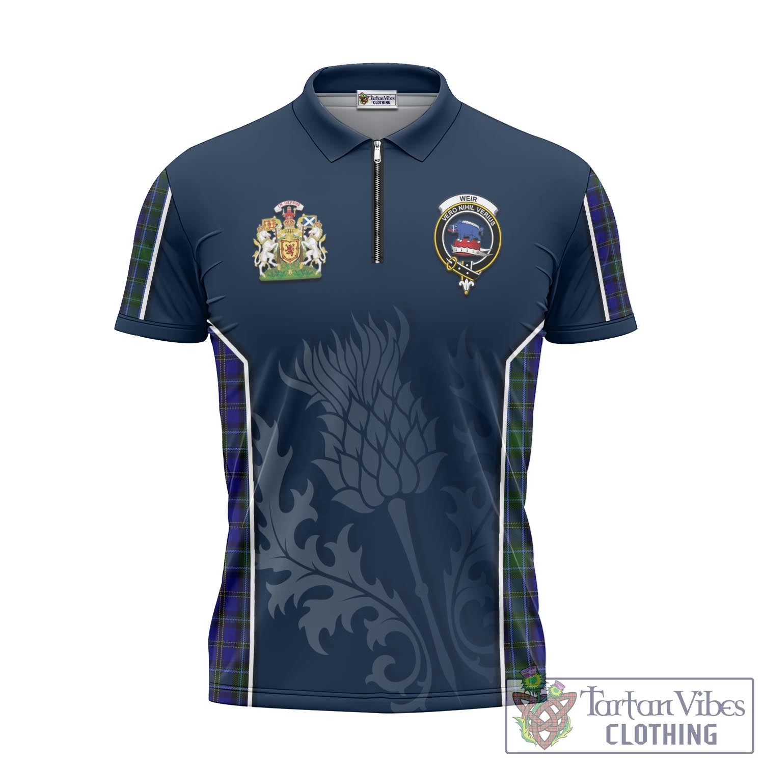 Tartan Vibes Clothing Weir Tartan Zipper Polo Shirt with Family Crest and Scottish Thistle Vibes Sport Style
