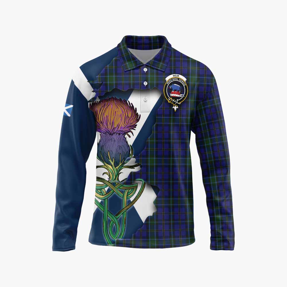 Tartan Vibes Clothing Weir Tartan Family Crest Long Sleeve Polo Shirt Scottish Thistle Celtic Inspired