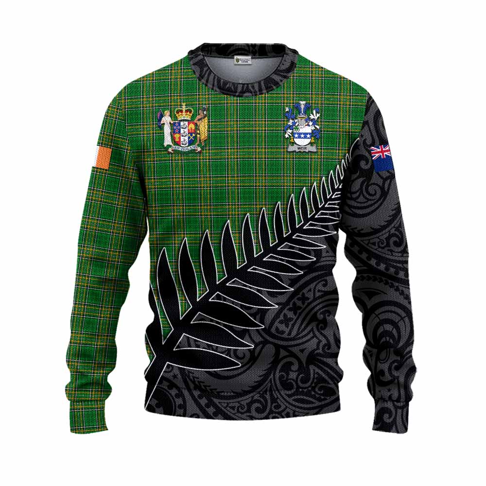 Tartan Vibes Clothing Weir Irish Clan Tartan Knitted Sweater with Coat of Arms New Zealand Silver Fern Half Style