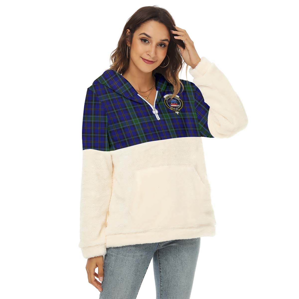 Weir Tartan Women's Borg Fleece Hoodie With Half Zip with Family Crest Female - Tartan Vibes Clothing