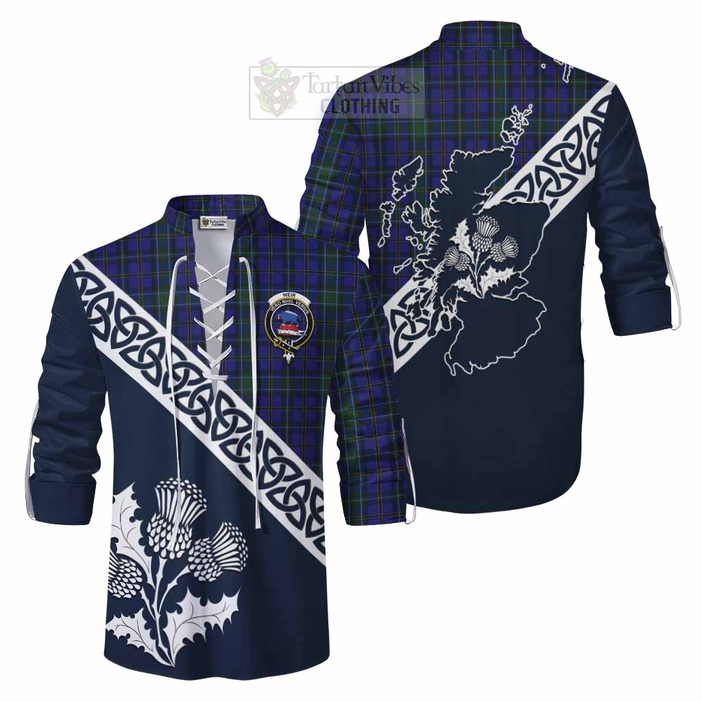 Tartan Vibes Clothing Weir Tartan Ghillie Kilt Shirt Featuring Thistle and Scotland Map