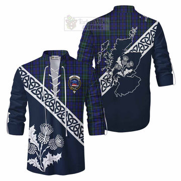 Tartan Vibes Clothing Weir Tartan Ghillie Kilt Shirt Featuring Thistle and Scotland Map