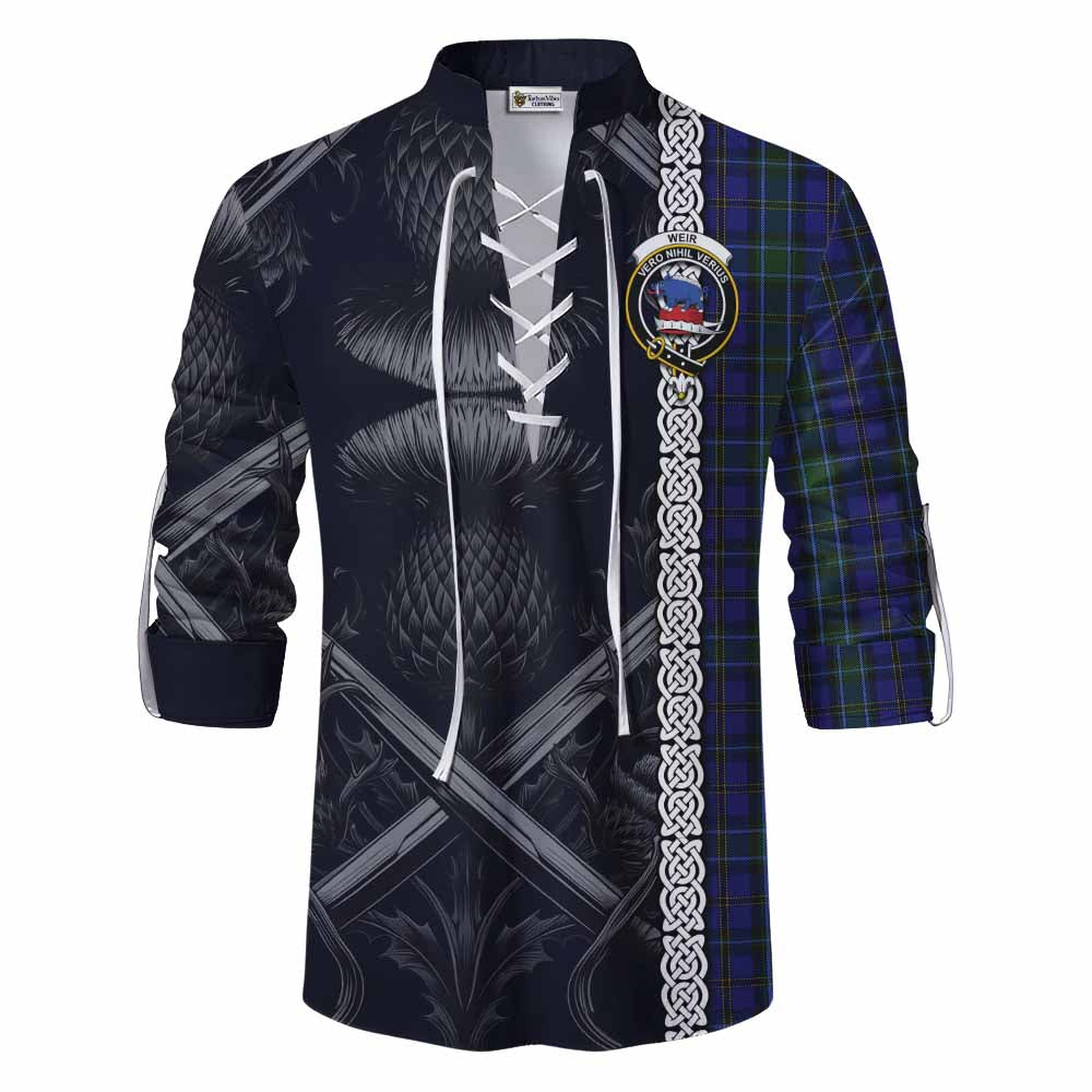 Tartan Vibes Clothing Weir Tartan Ghillie Kilt Shirt with Family Crest Cross Sword Thistle Celtic Vibes