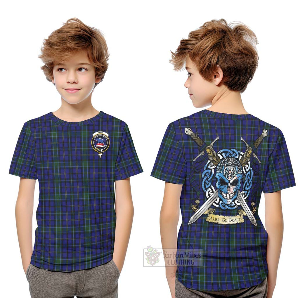Tartan Vibes Clothing Weir Tartan Kid T-Shirt with Family Crest Celtic Skull Style
