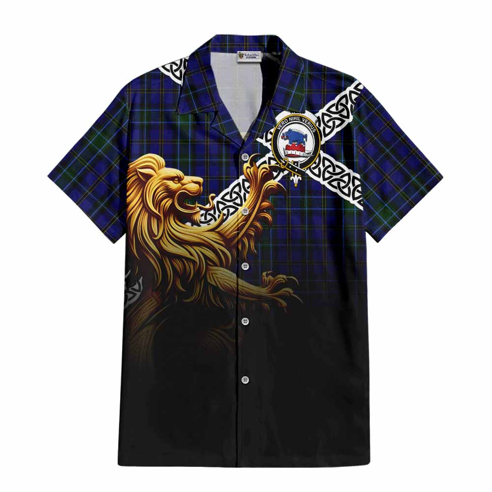Tartan Vibes Clothing Weir Crest Tartan Short Sleeve Button Shirt with Golden Lion Emblem Celtic Style