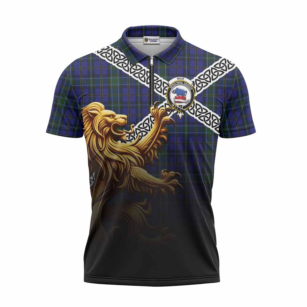 Tartan Vibes Clothing Weir Crest Tartan Zipper Polo Shirt with Golden Lion Emblem Celtic Style