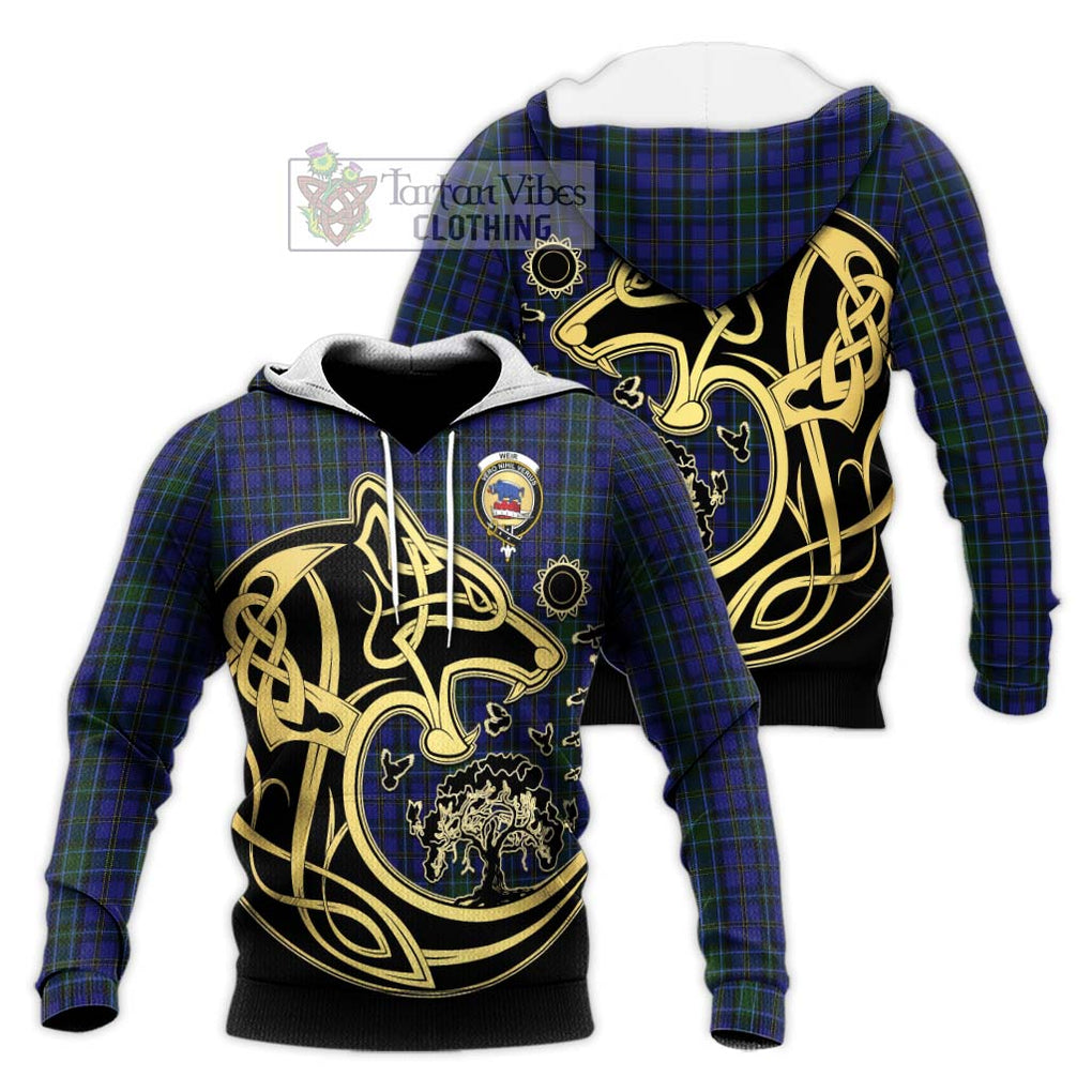 Weir Tartan Knitted Hoodie with Family Crest Celtic Wolf Style Unisex Knitted Pullover Hoodie - Tartan Vibes Clothing