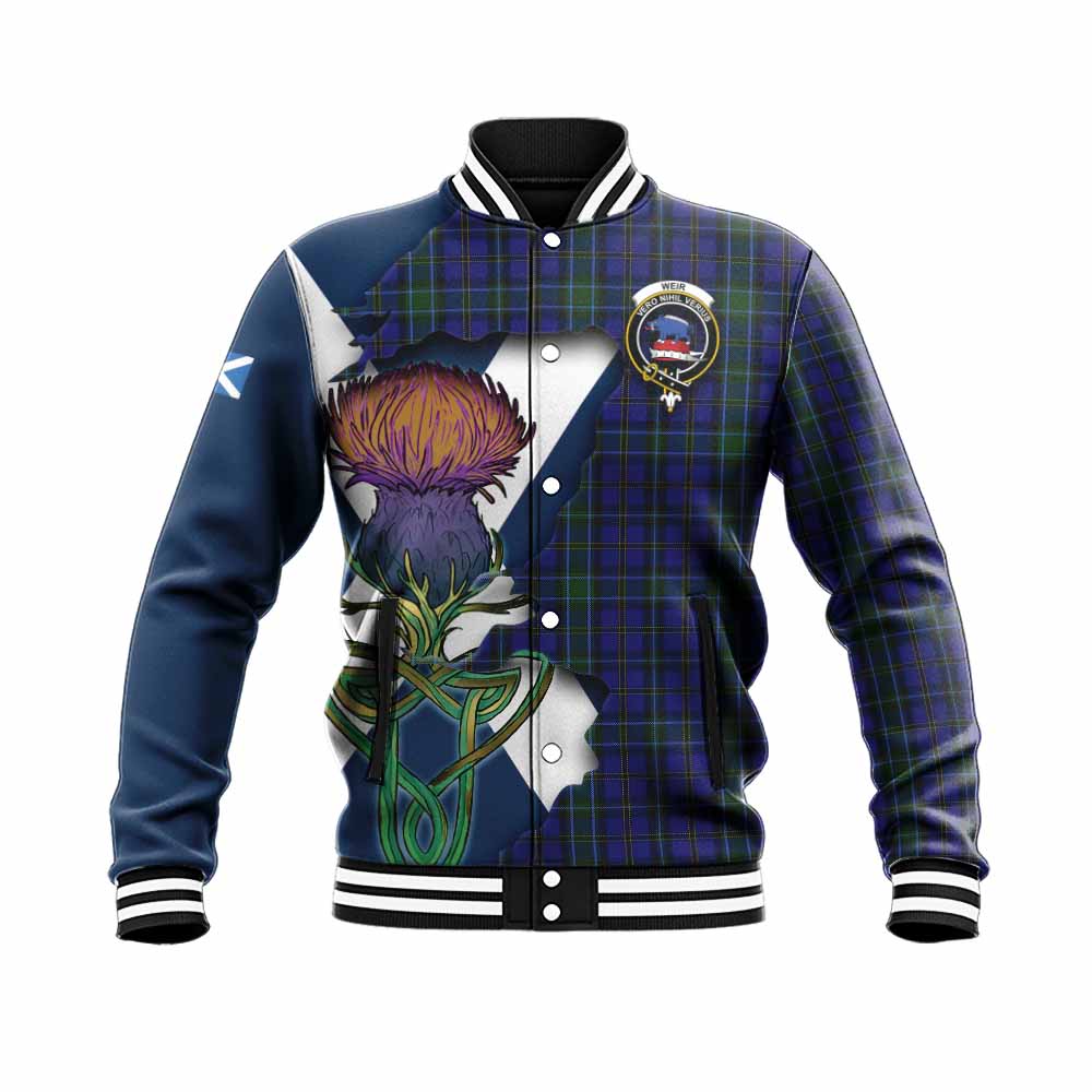 Tartan Vibes Clothing Weir Tartan Family Crest Baseball Jacket Scottish Thistle Celtic Inspired