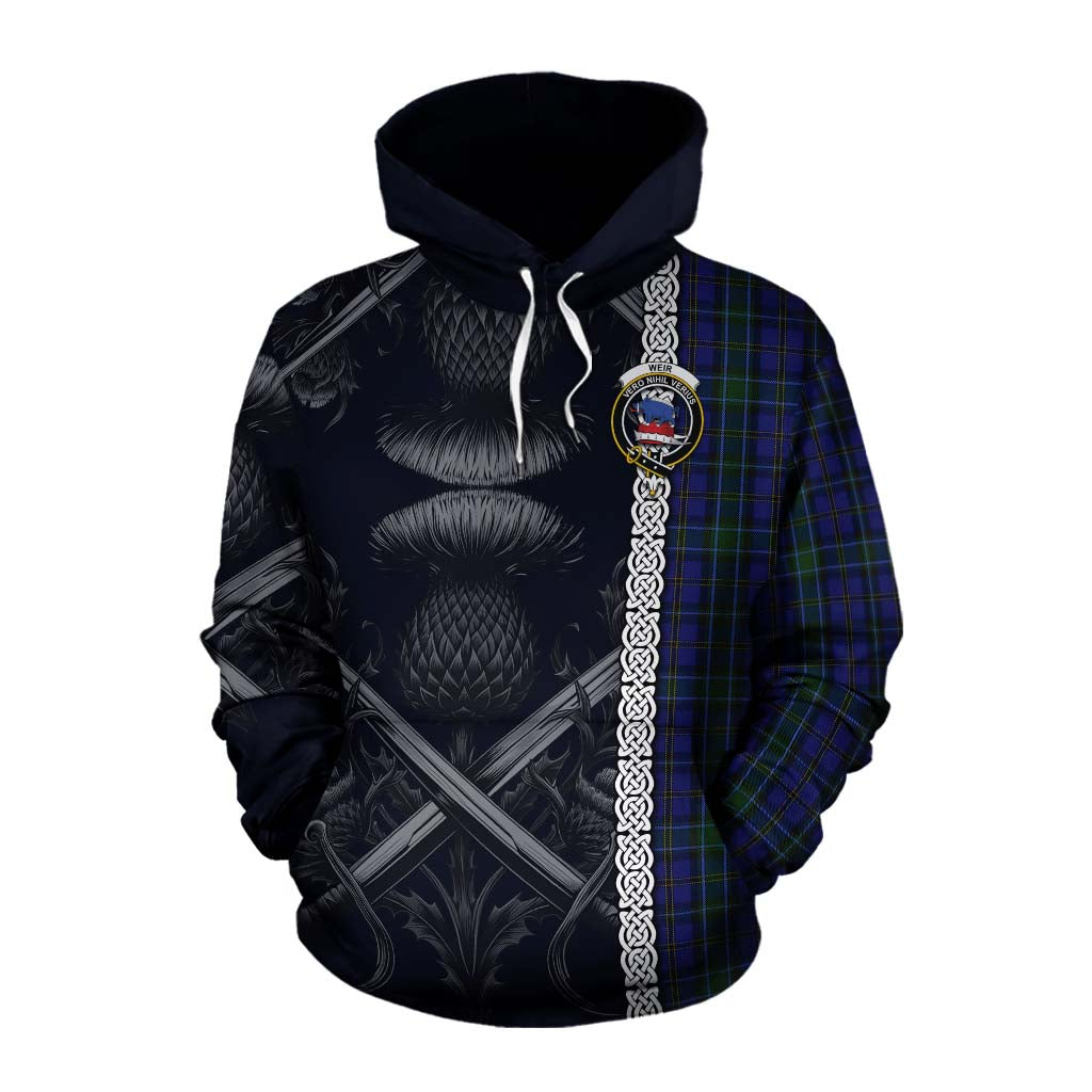Tartan Vibes Clothing Weir Tartan Cotton Hoodie with Family Crest Cross Sword Thistle Celtic Vibes