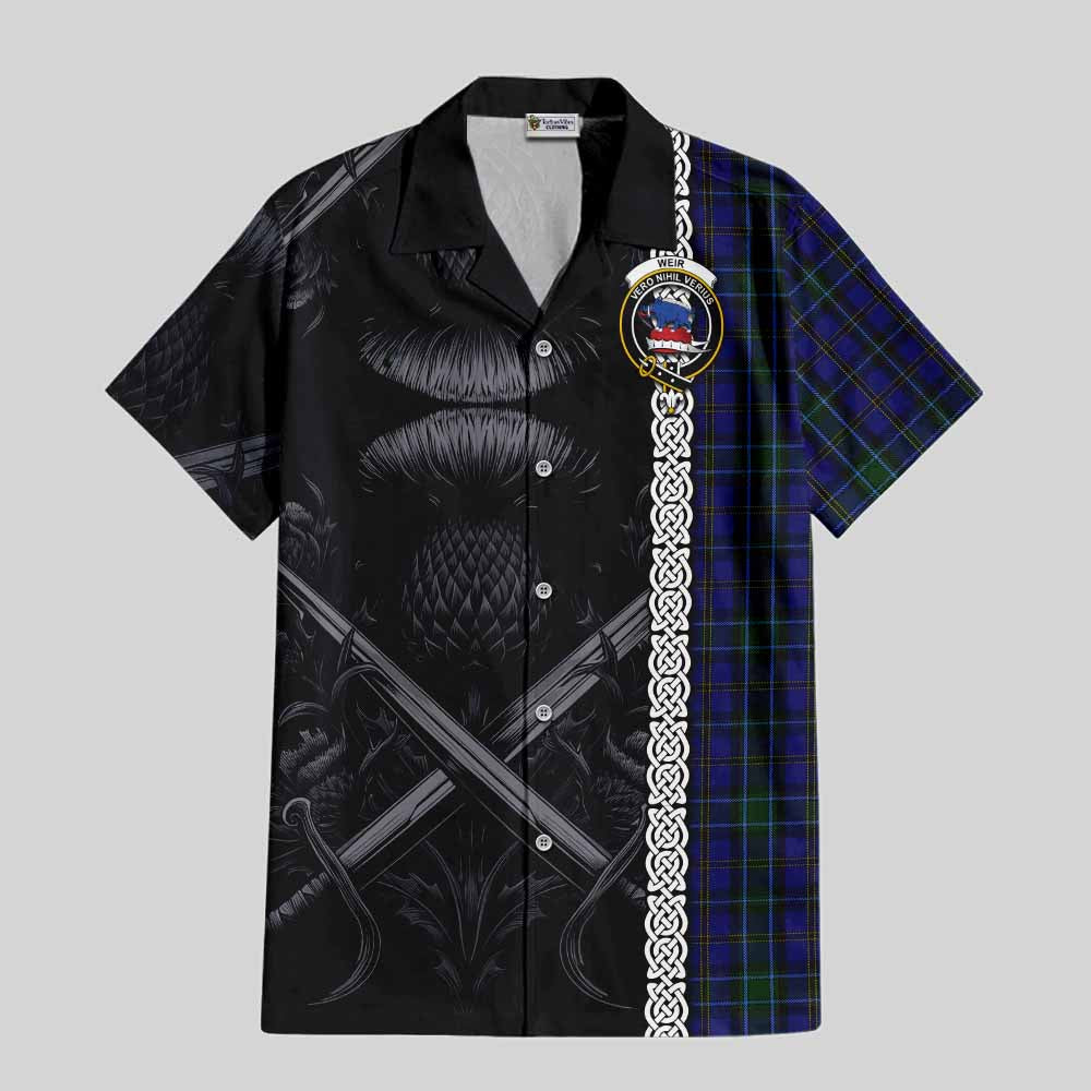 Tartan Vibes Clothing Weir Tartan Short Sleeve Button Shirt with Family Crest Cross Sword Thistle Celtic Vibes