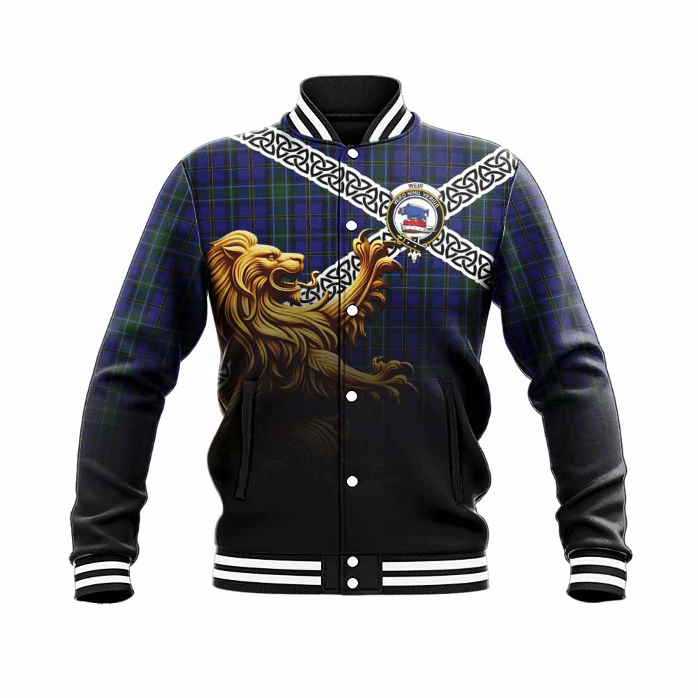 Tartan Vibes Clothing Weir Crest Tartan Baseball Jacket with Golden Lion Emblem Celtic Style