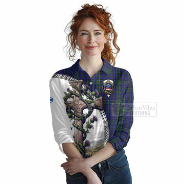 Tartan Vibes Clothing Weir Tartan Women's Casual Shirt with Family Crest and St. Andrew's Cross Accented by Thistle Vines