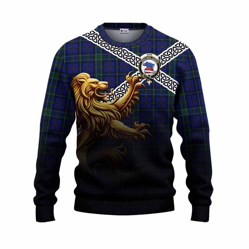 Tartan Vibes Clothing Weir Crest Tartan Knitted Sweater with Golden Lion Emblem Celtic Style