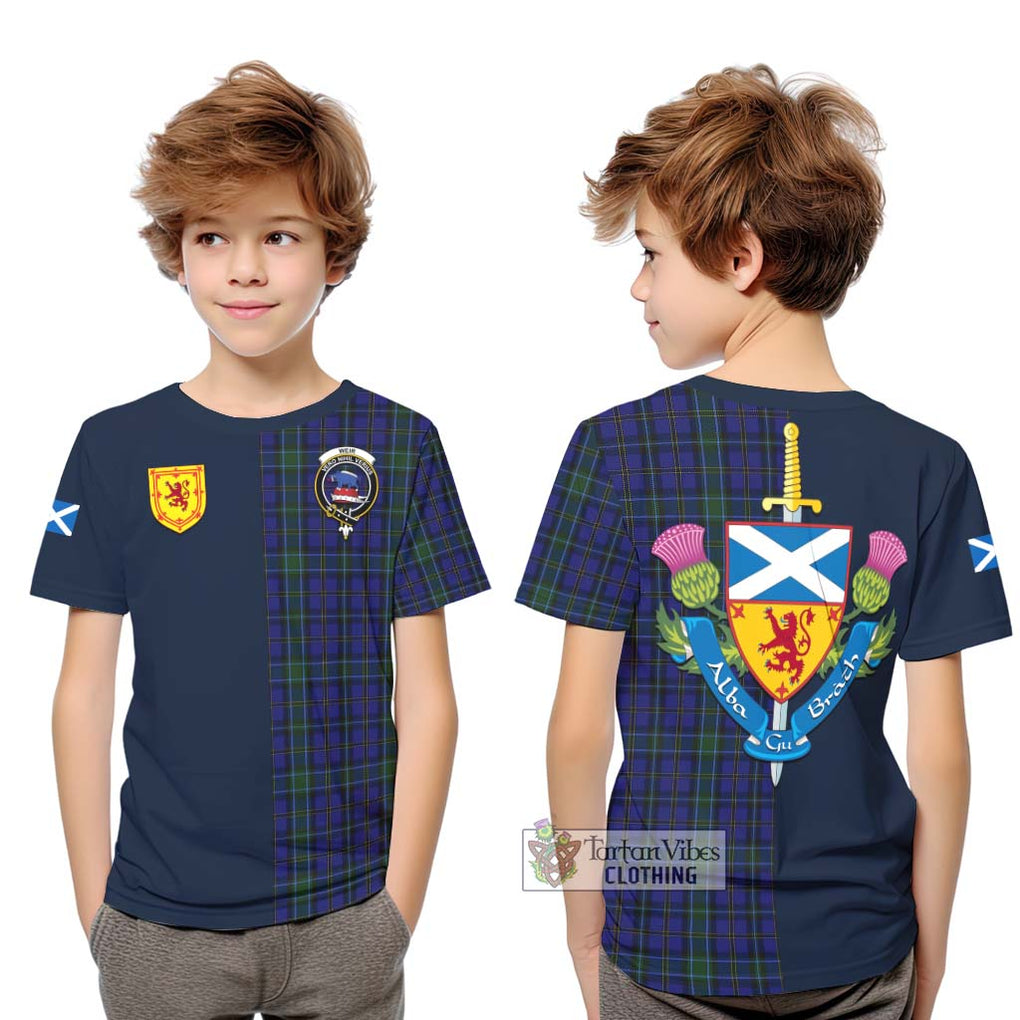 Tartan Vibes Clothing Weir Tartan Kid T-Shirt with Scottish Lion Royal Arm Half Style