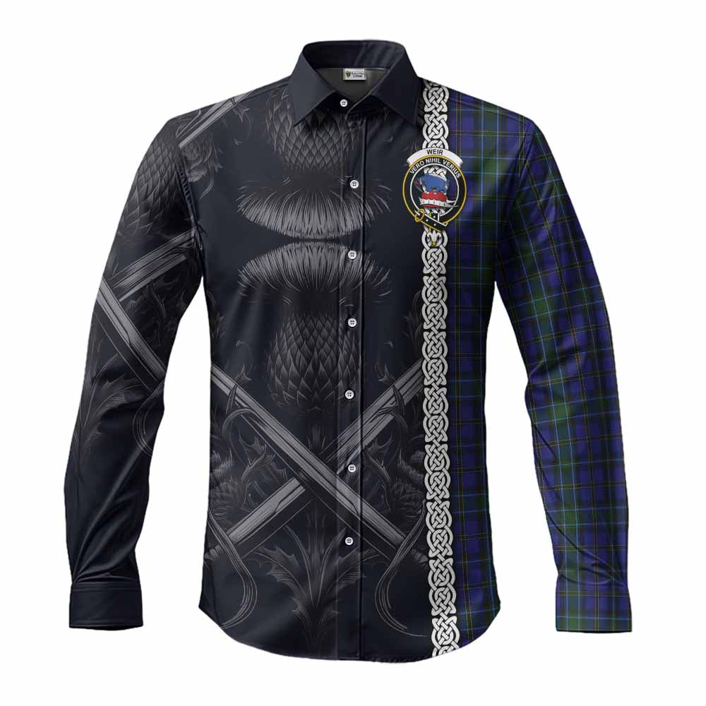Tartan Vibes Clothing Weir Tartan Long Sleeve Button Shirt with Family Crest Cross Sword Thistle Celtic Vibes