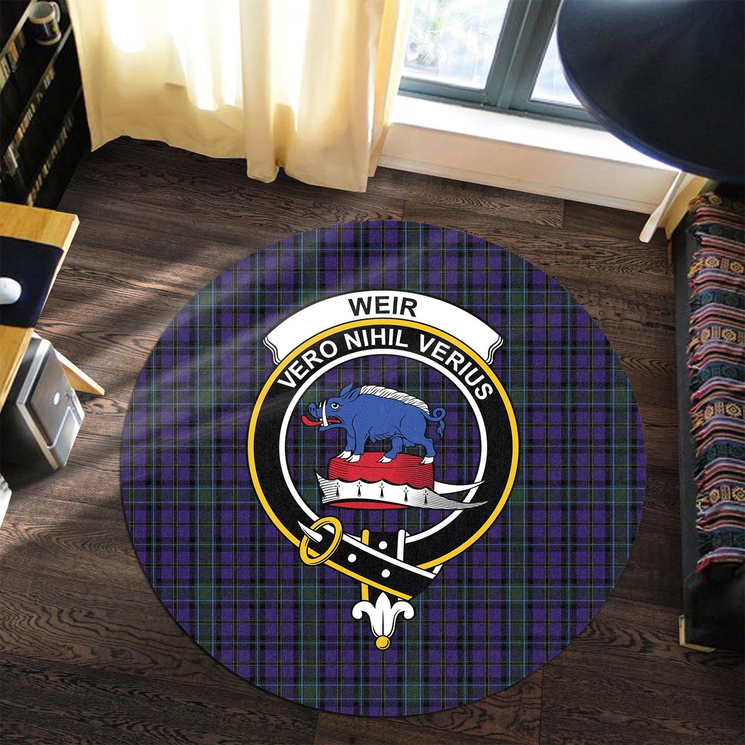 weir-tartan-round-rug-with-family-crest