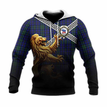 Weir Crest Tartan Knitted Hoodie with Golden Lion Emblem Celtic Style