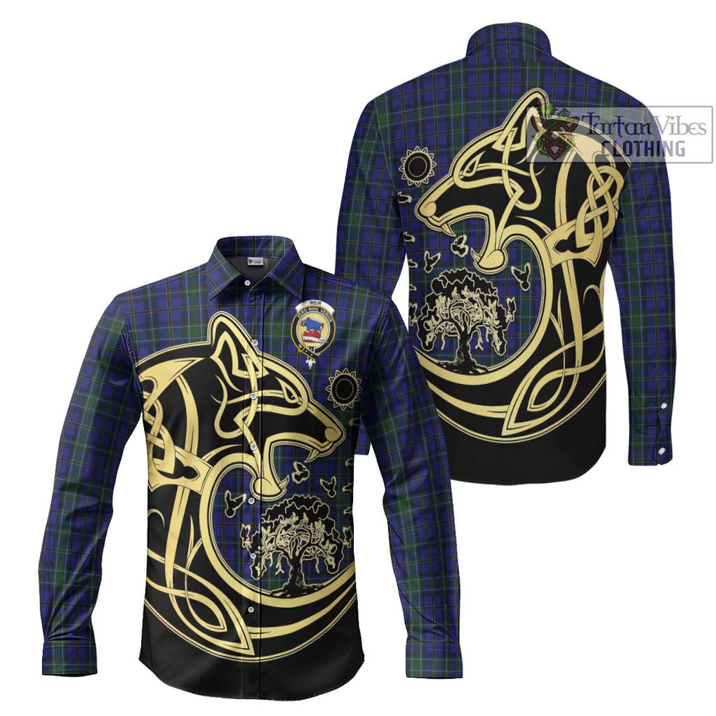 Weir Tartan Long Sleeve Button Shirt with Family Crest Celtic Wolf Style Men's Shirt S - Tartan Vibes Clothing