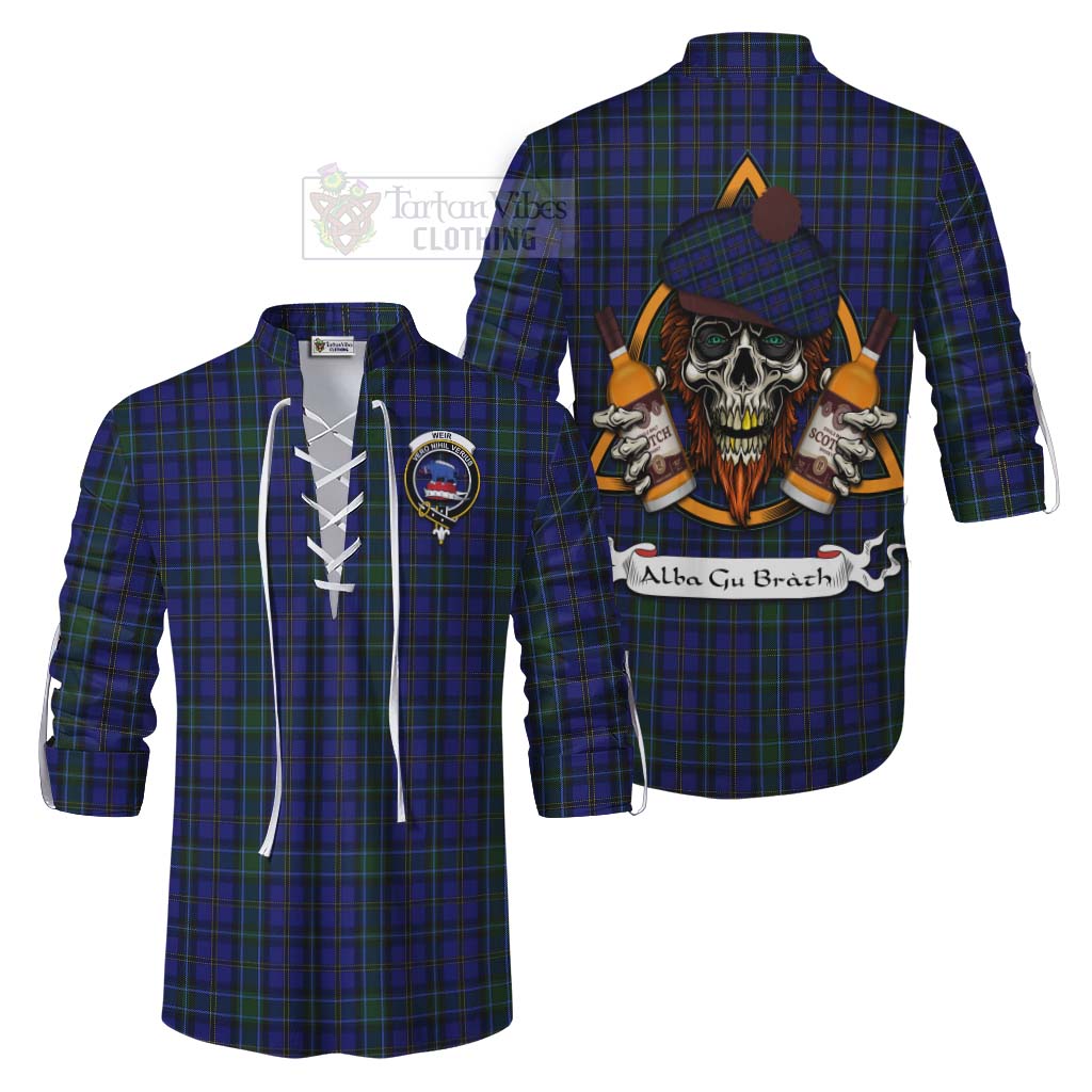 Tartan Vibes Clothing Weir Tartan Ghillie Kilt Shirt with Family Crest and Bearded Skull Holding Bottles of Whiskey