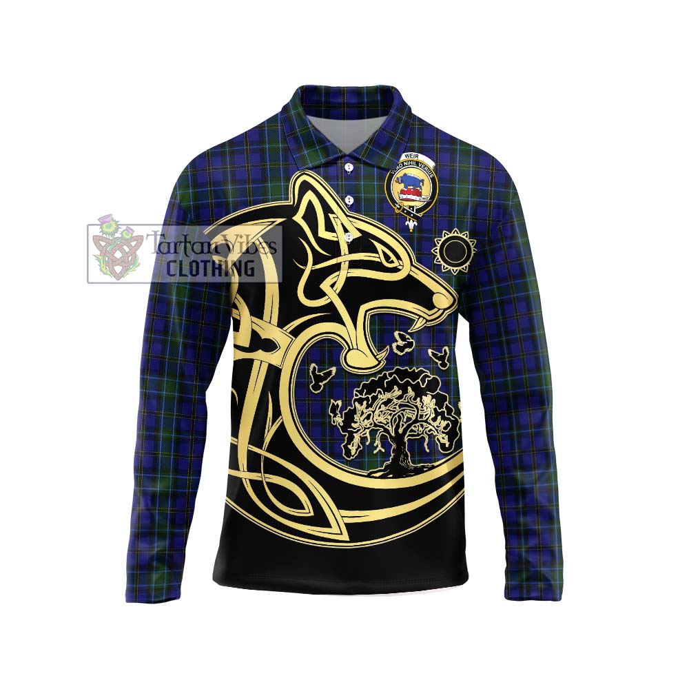 Weir Tartan Long Sleeve Polo Shirt with Family Crest Celtic Wolf Style Unisex - Tartanvibesclothing Shop