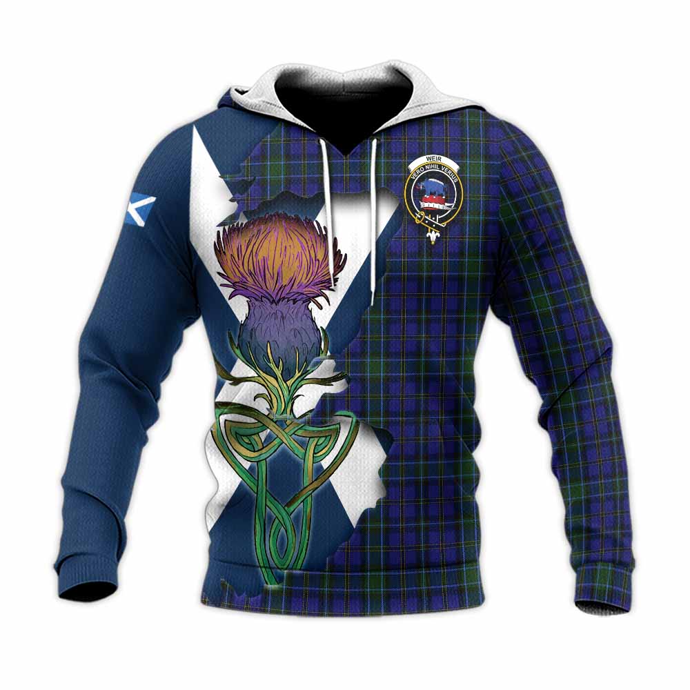 Tartan Vibes Clothing Weir Tartan Family Crest Knitted Hoodie Scottish Thistle Celtic Inspired