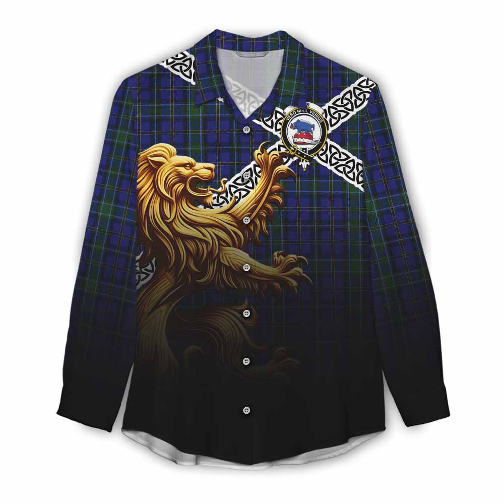 Tartan Vibes Clothing Weir Crest Tartan Women's Casual Shirt with Golden Lion Emblem Celtic Style