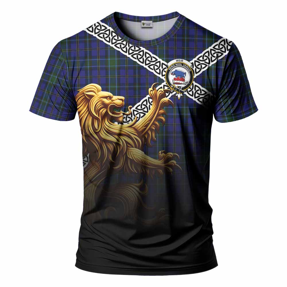 Tartan Vibes Clothing Weir Crest Tartan T-Shirt with Golden Lion Emblem Celtic Style