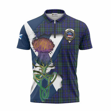Weir Tartan Family Crest Zipper Polo Shirt Scottish Thistle Celtic Inspired