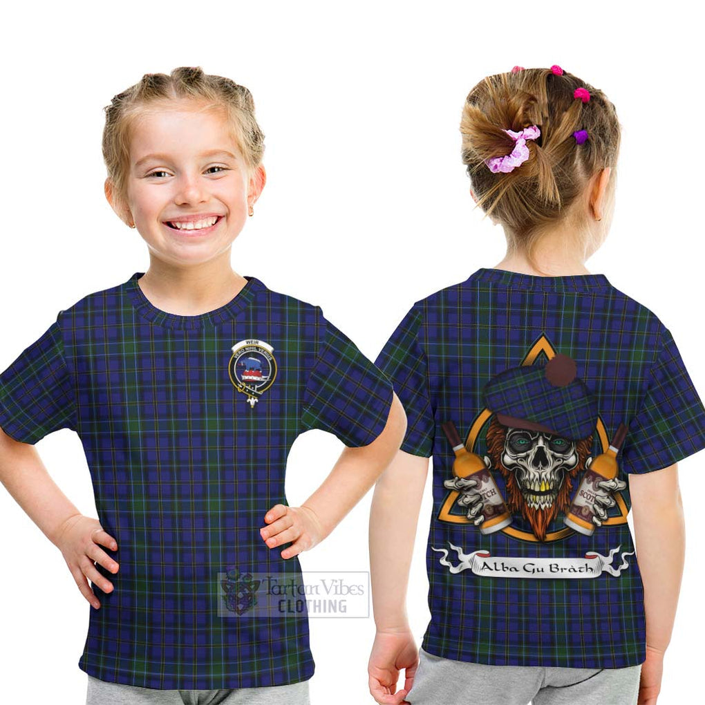 Tartan Vibes Clothing Weir Tartan Kid T-Shirt with Family Crest and Bearded Skull Holding Bottles of Whiskey