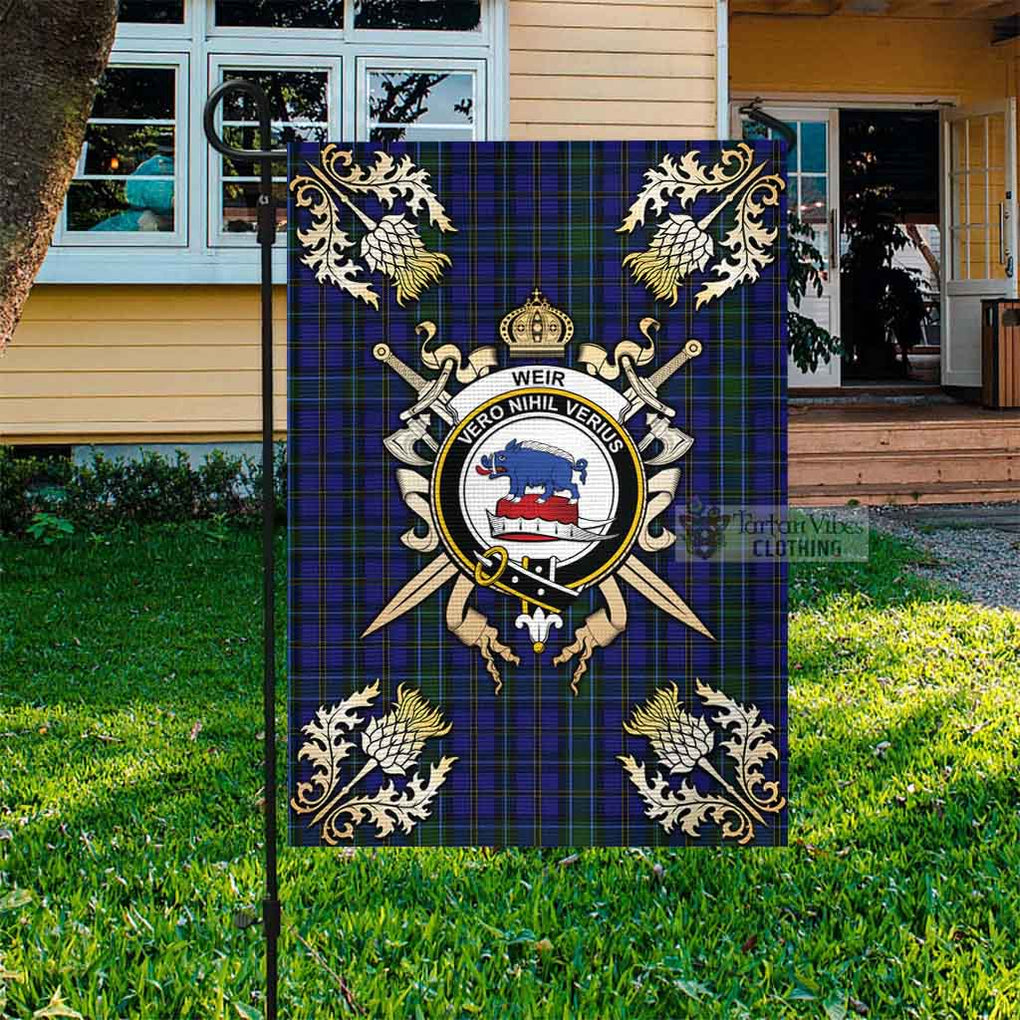 Tartan Vibes Clothing Weir Tartan Flag with Family Crest and Golden Thistle Crossed Sword Design