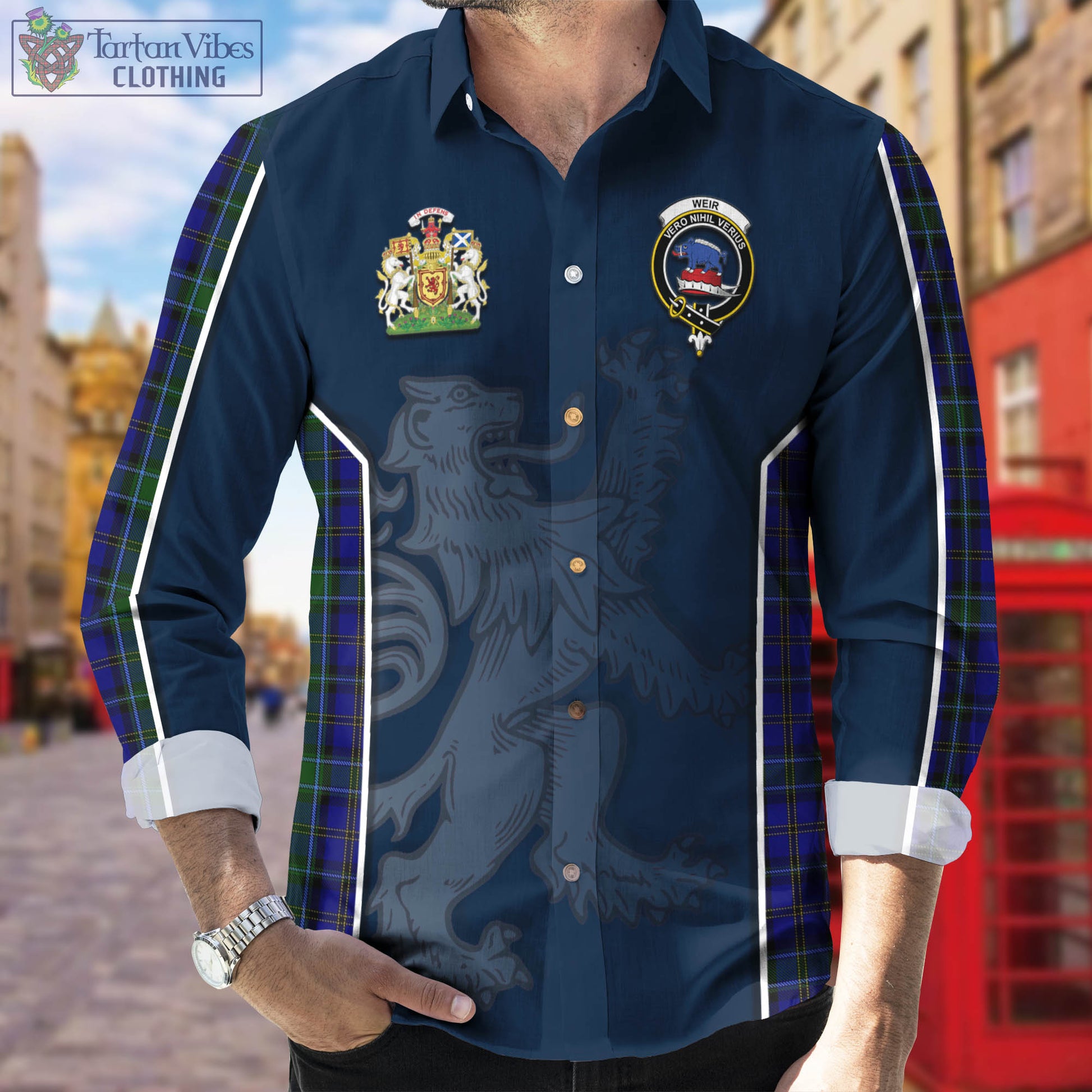 Weir Tartan Long Sleeve Button Up Shirt with Family Crest and Lion Rampant Vibes Sport Style