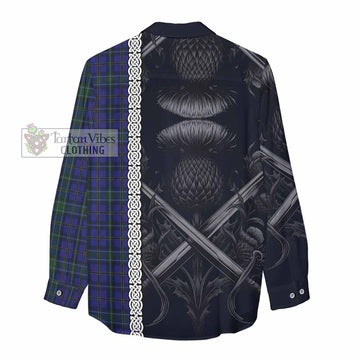 Tartan Vibes Clothing Weir Tartan Women's Casual Shirt with Family Crest Cross Sword Thistle Celtic Vibes