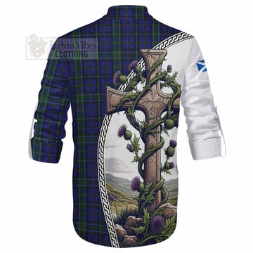 Tartan Vibes Clothing Weir Tartan Ghillie Kilt Shirt with Family Crest and St. Andrew's Cross Accented by Thistle Vines