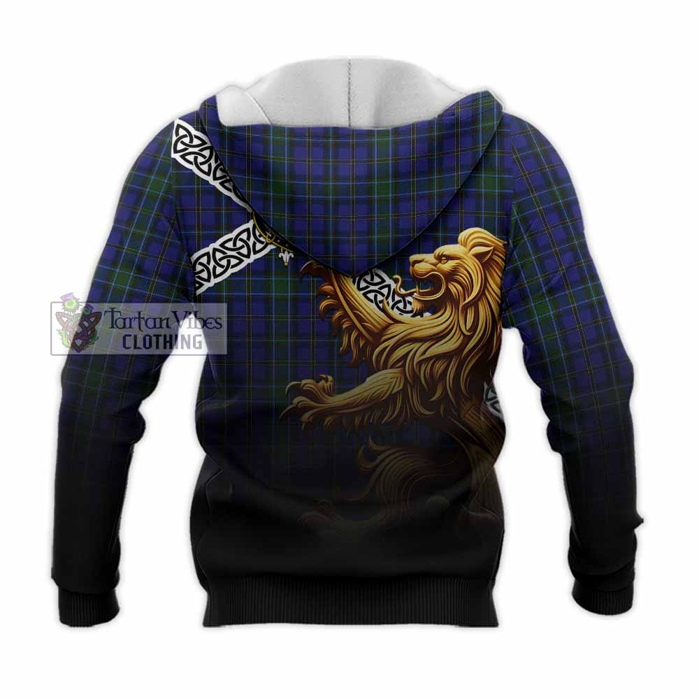 Tartan Vibes Clothing Weir Crest Tartan Knitted Hoodie with Golden Lion Emblem Celtic Style