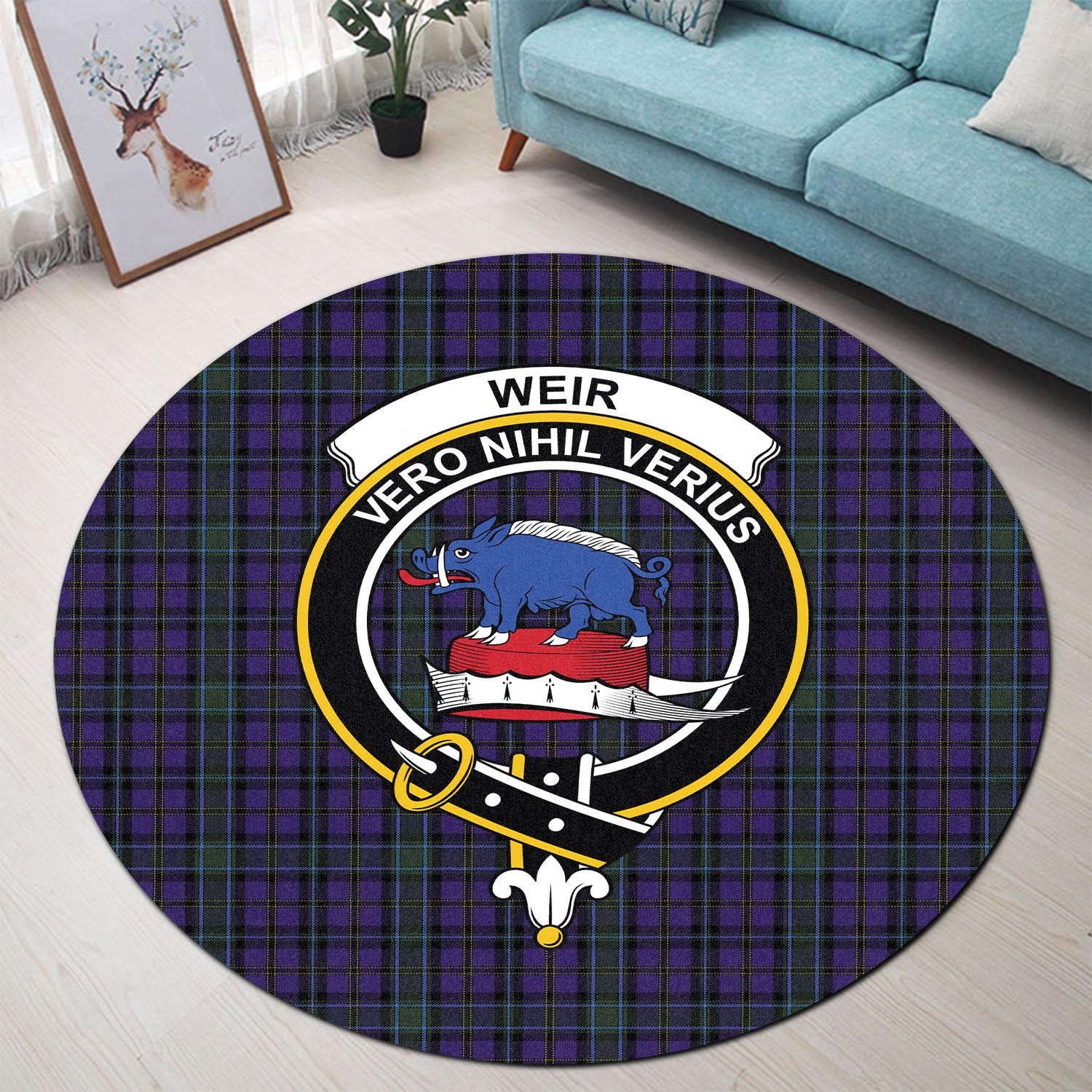 weir-tartan-round-rug-with-family-crest