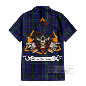 Weir Tartan Hawaiian Shirt with Family Crest and Bearded Skull Holding Bottles of Whiskey