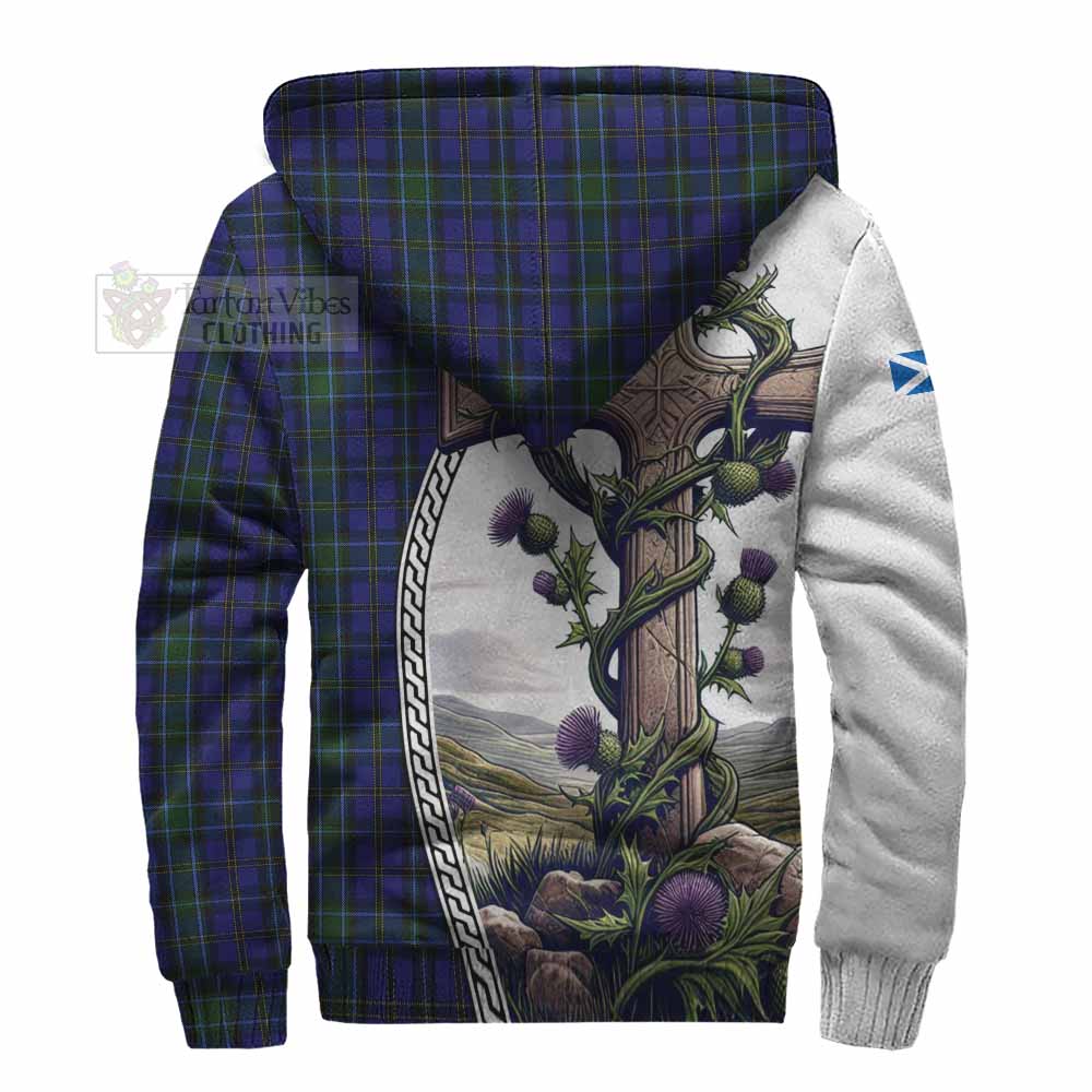 Tartan Vibes Clothing Weir Tartan Sherpa Hoodie with Family Crest and St. Andrew's Cross Accented by Thistle Vines