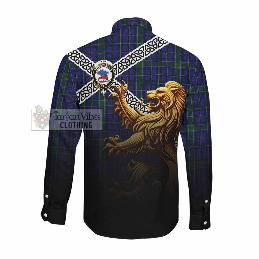 Tartan Vibes Clothing Weir Crest Tartan Long Sleeve Button Shirt with Golden Lion Emblem Celtic Style