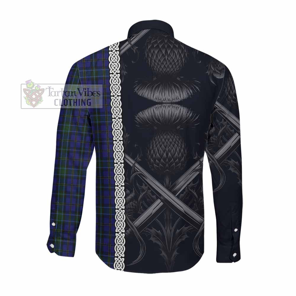 Tartan Vibes Clothing Weir Tartan Long Sleeve Button Shirt with Family Crest Cross Sword Thistle Celtic Vibes