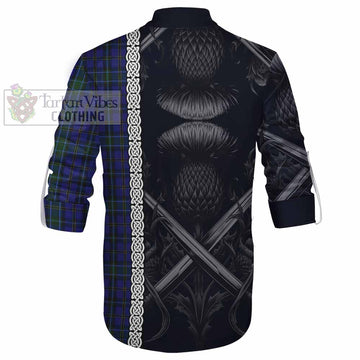 Tartan Vibes Clothing Weir Tartan Ghillie Kilt Shirt with Family Crest Cross Sword Thistle Celtic Vibes
