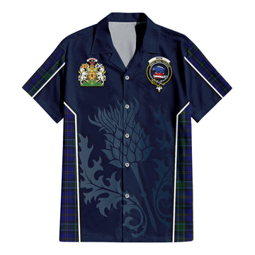 Weir Tartan Short Sleeve Button Up Shirt with Family Crest and Scottish Thistle Vibes Sport Style