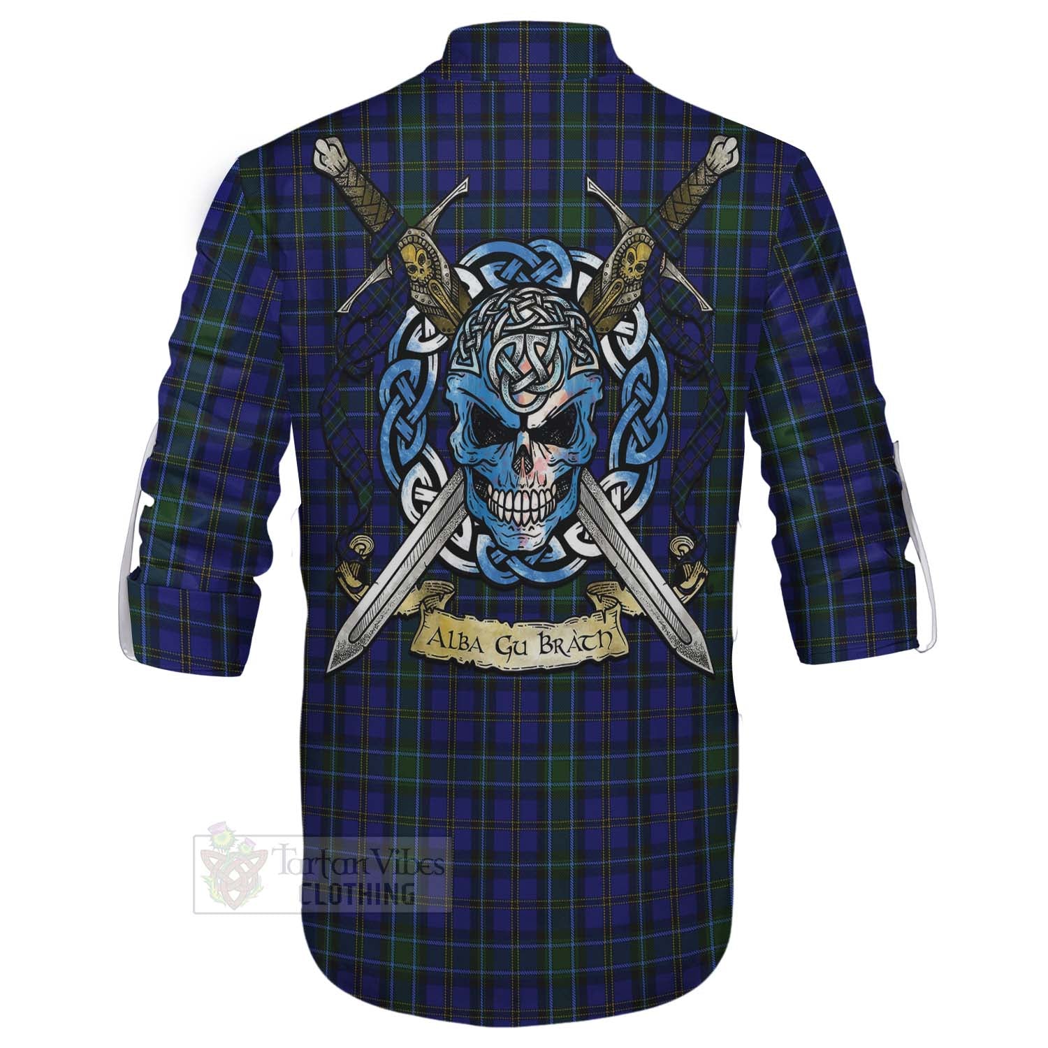 Tartan Vibes Clothing Weir Tartan Ghillie Kilt Shirt with Family Crest Celtic Skull Style