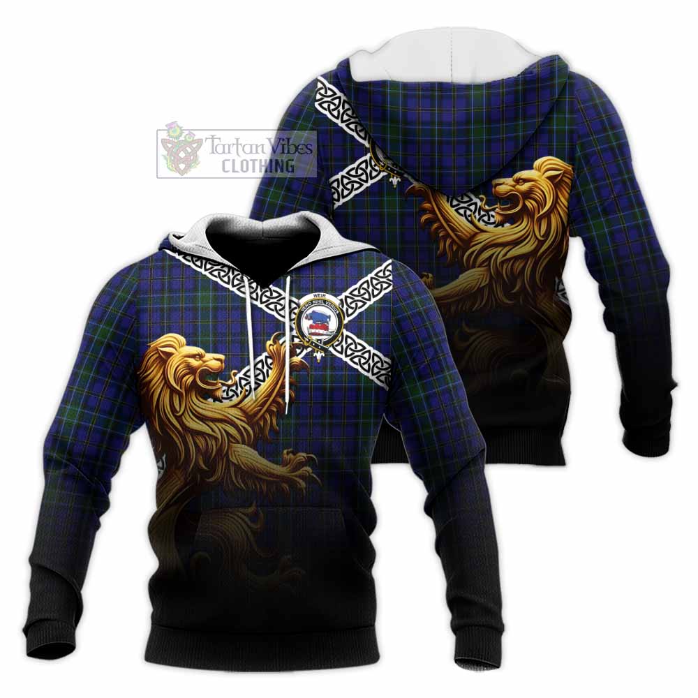 Tartan Vibes Clothing Weir Crest Tartan Knitted Hoodie with Golden Lion Emblem Celtic Style