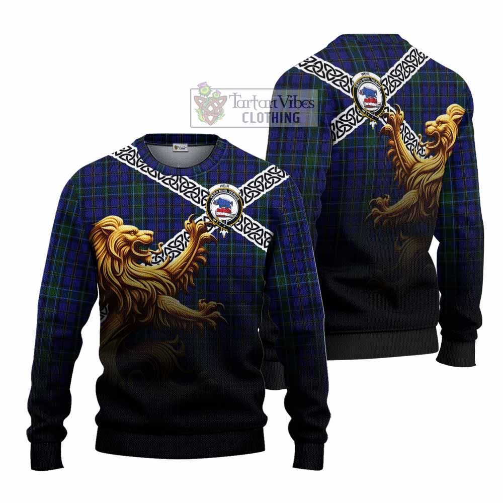 Tartan Vibes Clothing Weir Crest Tartan Knitted Sweater with Golden Lion Emblem Celtic Style