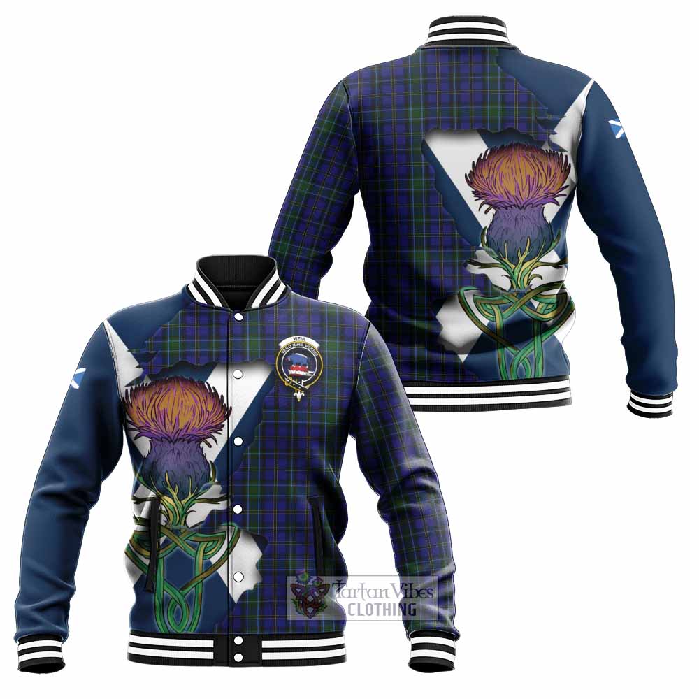 Tartan Vibes Clothing Weir Tartan Family Crest Baseball Jacket Scottish Thistle Celtic Inspired