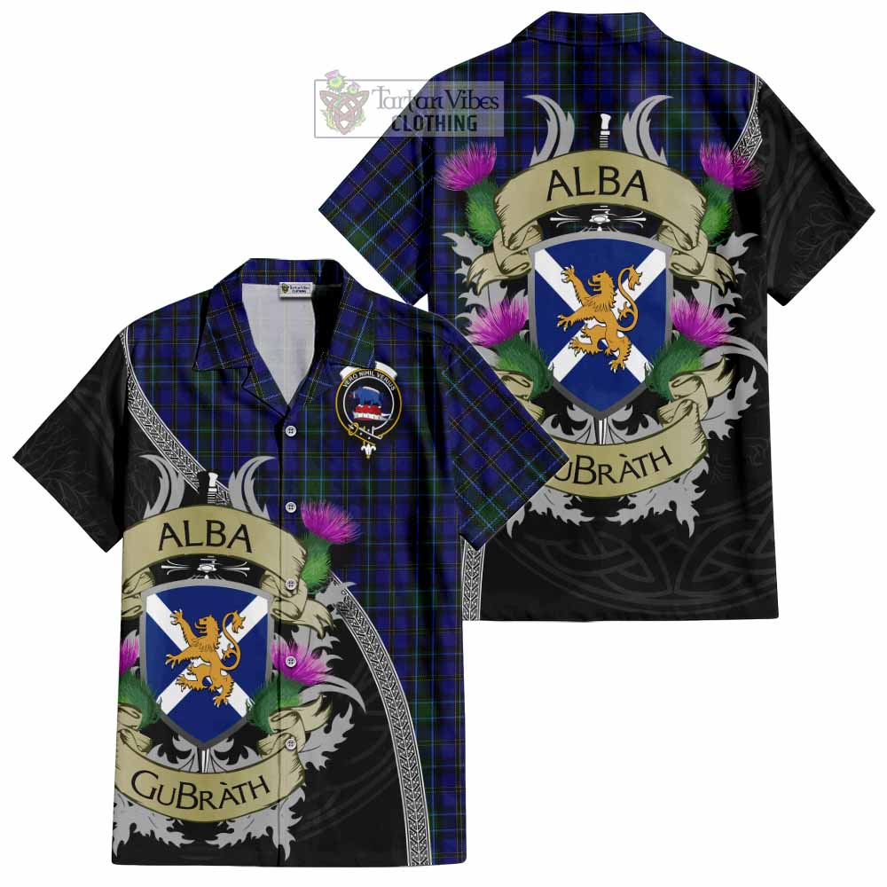 Tartan Vibes Clothing Weir Tartan Family Crest Short Sleeve Button Shirt Lion Rampant Royal Thistle Shield Celtic Inspired