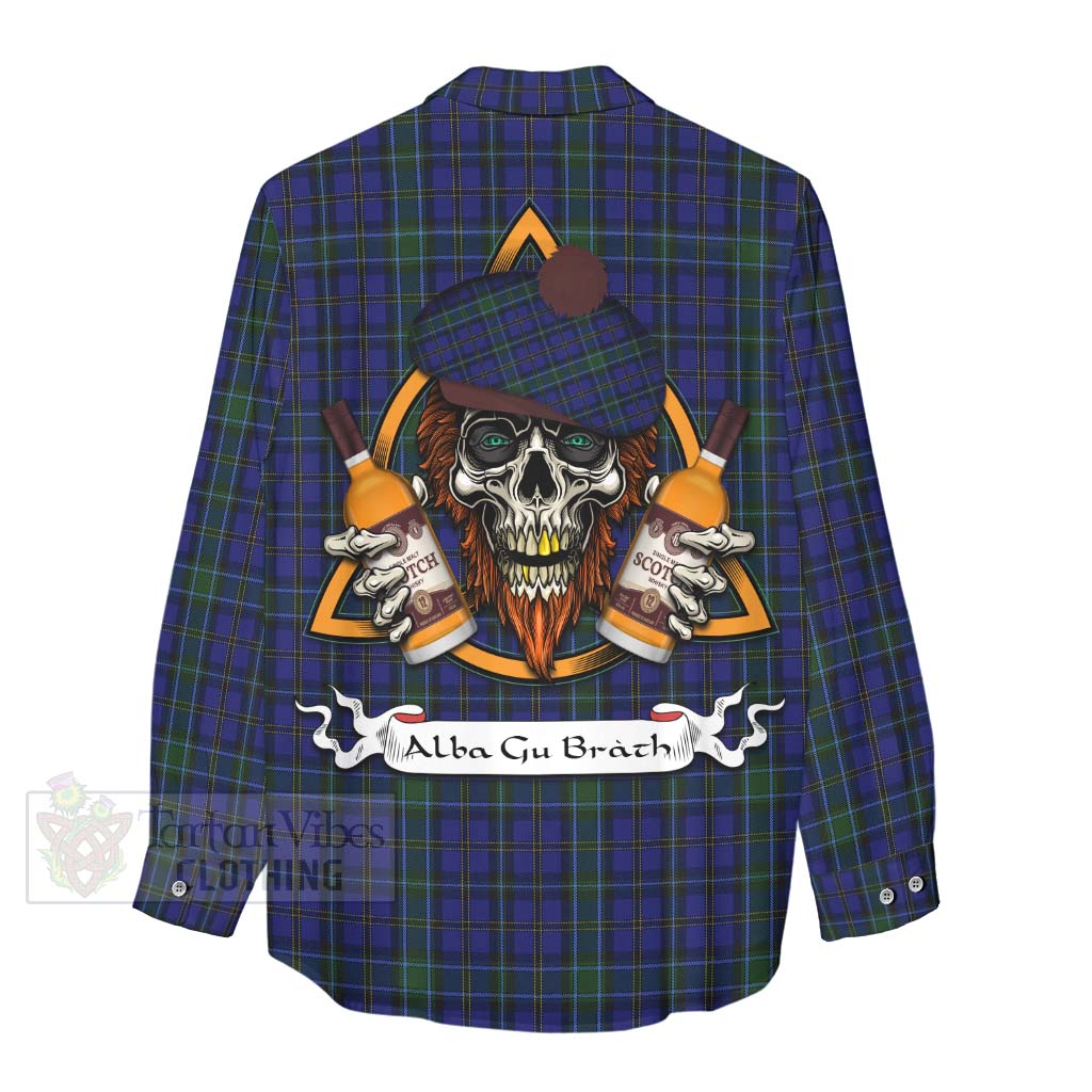 Tartan Vibes Clothing Weir Tartan Women's Casual Shirt with Family Crest and Bearded Skull Holding Bottles of Whiskey