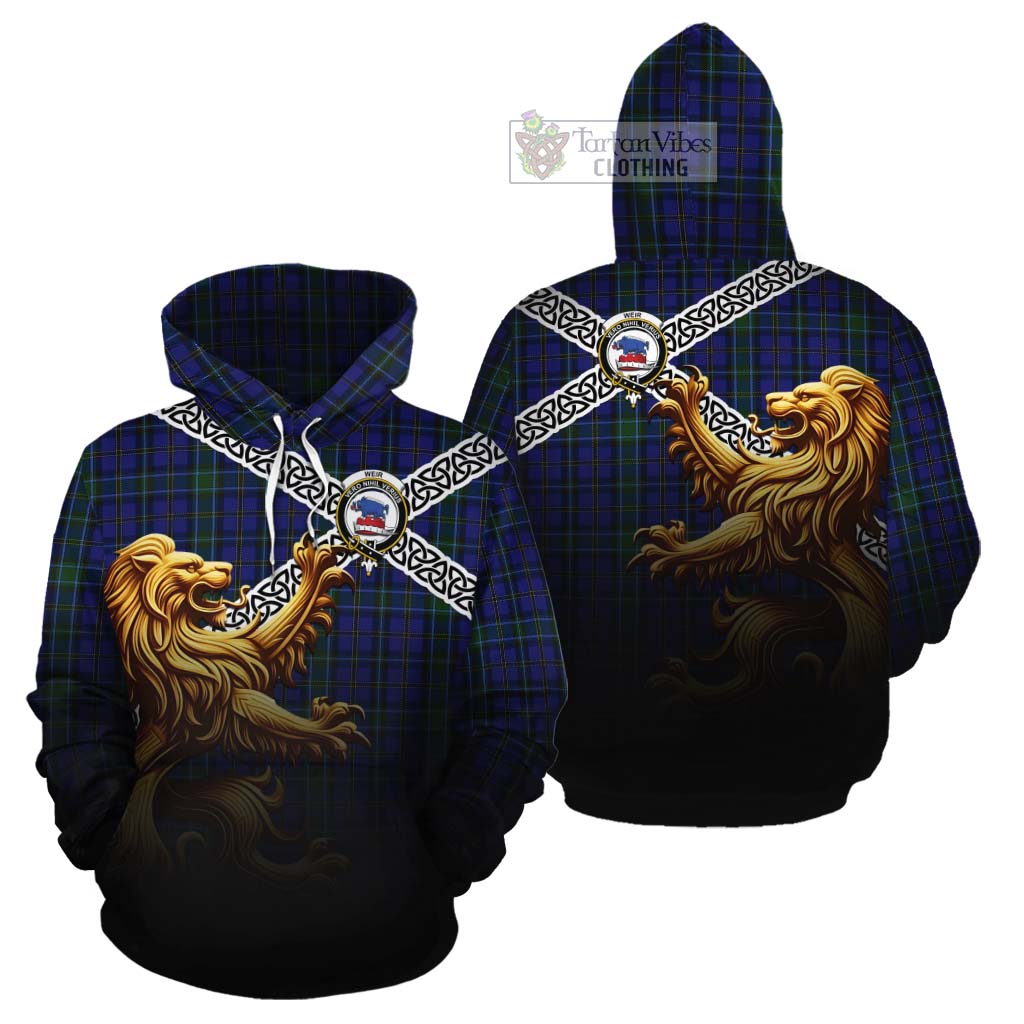Tartan Vibes Clothing Weir Crest Tartan Cotton Hoodie with Golden Lion Emblem Celtic Style